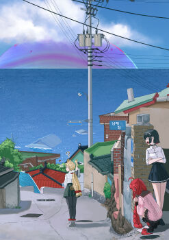 +++ 3girls ? absurdres afterimage ahoge alice_thymefield animal_ears black_boots black_choker black_hair black_pantyhose blonde_hair blue_skirt blue_sky boots braid braided_twintails building cardigan choker closed_eyes cloud colored_inner_hair crossed_arms day ellen_joe ellen_joe_(on_campus) fins fish_tail from_behind full_body green_skirt hair_ornament hair_ribbon hiding highres hollow_(zenless_zone_zero) house long_hair low_twintails midfinger mole mole_under_eye motion_lines multicolored_hair multiple_girls ocean official_alternate_costume open_mouth outdoors pantyhose peeking_out pendant_choker pink_cardigan rabbit_ears rabbit_girl rabbit_tail razor_blade_hair_ornament red_eyes red_hair ribbon searching shark_girl shark_tail sharp_teeth shirt shirt_tucked_in short_hair sign skirt sky sleeves_rolled_up sphere_hair_ornament squatting tail tears teeth twintails ukinami_yuzuha water white_ribbon white_shirt yawning zenless_zone_zero