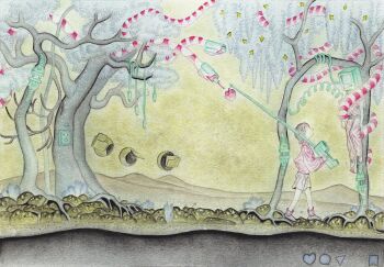 1girl 1other apple black_hair electrical_outlet folder food forked_tongue fruit heart highres long_sleeves original outdoors phone pink_shirt pink_shorts plant plug profile rock shanyeyuri shirt shoes short_hair shorts sky snake surreal tongue tree wire yellow_sky