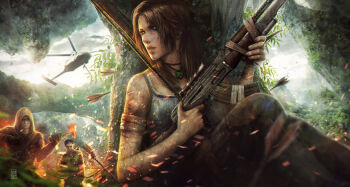 1girl bow_(weapon) brown_eyes brown_hair earth_(planet) female_focus gun hiding lara_croft long_hair looking_at_viewer planet realistic shotgun sky solo tank_top tomb_raider tomb_raider_(reboot) tree weapon