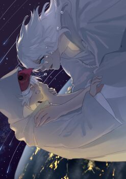 1boy blue_eyes clenched_teeth commentary elidibus english_commentary english_text final_fantasy final_fantasy_xiv hand_on_another's_cheek hand_on_another's_face highres long_hair male_focus mask mask_on_head medium_hair open_mouth pleasebemine00 robe solo star_trail teardrop tears teeth themis upper_teeth_only white_hair white_robe wide_sleeves