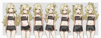 1girl :3 =_= absurdres alternate_hair_length alternate_hairstyle arms_behind_back bare_arms black_shorts blonde_hair blush border choker clenched_hand closed_eyes closed_mouth collarbone commentary cropped_shirt dot_mouth dot_nose double_bun earrings flat_chest green_eyes grey_background grey_border hair_bun half-closed_eyes hand_on_own_thigh head_tilt highres huge_filesize jewelry loli long_hair looking_at_viewer looking_to_the_side low_twintails medium_hair midriff multiple_expressions multiple_views navel piper_wheel ponytail pulling_own_clothes red_choker senapops shirt short_hair short_twintails shorts simple_background sleeveless sleeveless_shirt smile spiked_shirt standing thighs twintails two_side_up very_long_hair zenless_zone_zero