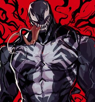 1boy agent_rot animal_print highres long_tongue looking_at_viewer male_focus marvel marvel_rivals monster_boy muscular muscular_male sharp_teeth slime_boy smile solo spider-man_(series) spider_print superhero_costume symbiote teeth tongue tongue_out venom_(marvel) very_long_tongue