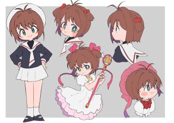 1girl beret black_shirt black_shoes border bow bowtie brown_hair cardcaptor_sakura choker closed_mouth commentary cropped_head cropped_shoulders dress frilled_choker frills full_body green_eyes grey_background hair_bobbles hair_ornament hair_ribbon hat hat_bow head_tilt holding holding_wand kinomoto_sakura kinomoto_sakura_(astral_sakura) looking_at_viewer looking_to_the_side magical_girl miyata_(lhr) multiple_views outside_border pink_bow pink_choker pink_dress pink_hat pink_ribbon puffy_short_sleeves puffy_sleeves red_bow red_bowtie ribbon sailor_collar shirt shoes short_hair short_sleeves skirt smile socks star_(symbol) turning_head two_side_up wand white_border white_dress white_hat white_sailor_collar white_shirt white_skirt white_socks