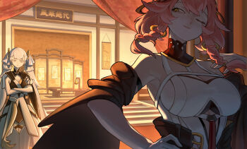 2girls absurdres bare_shoulders black_collar black_dress black_jacket breasts changli_(wuthering_waves) cleavage closed_mouth collar commentary crossed_arms dress hair_rings hand_on_own_hip hand_up highres indoors jacket jinhsi_(wuthering_waves) kano33 large_breasts looking_at_another multiple_girls one_eye_closed pink_hair smile white_hair wuthering_waves yellow_eyes