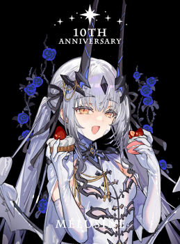 1girl breasts capelet character_name dragon_wings dress elbow_gloves fate/grand_order fate_(series) food forked_eyebrows gloves hair_ribbon horns long_hair looking_at_viewer macaron melusine_(celebratory_attire)_(fate) melusine_(fate) open_mouth ribbon sidelocks small_breasts smile solo starshadowmagician twintails white_capelet white_dress white_gloves white_hair wings yellow_eyes