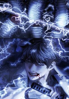 Rule 34 | 1boy, animal, black eyes, black shirt, blackbox (blackbox9158), blood, blood from mouth, blood on face, blood splatter, blue theme, coat, collared shirt, grin, highres, holding, holding sword, holding weapon, kim dokja, lightning, murder, nosebleed, official art, omniscient reader's viewpoint, severed head, shirt, smile, sword, third-party source, upper body, weapon, white coat, yamata no orochi (omniscient reader's viewpoint)