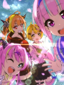 Rule 34 | 4girls, black thighhighs, blonde hair, blue hair, demon girl, demon horns, dragon girl, dragon horns, green eyes, heart, heart o-ring, hololive, hood, hoodie, horns, kiryu coco, kiryu coco (loungewear), looking at viewer, mano aloe, minato aqua, minato aqua (sailor), multicolored hair, multiple girls, o-ring, o-ring thigh strap, official alternate costume, open mouth, orange hair, pink hair, purple eyes, red eyes, red hoodie, smile, streaked hair, teeth, thigh strap, thighhighs, two-tone hair, upper teeth only, virtual youtuber, xxxx, yellow eyes, yozora mel, yozora mel (2nd costume)