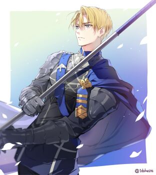 1boy 1dahesss artist_name black_gloves blonde_hair blue_cape blue_eyes border cape closed_mouth dimitri_alexandre_blaiddyd dutch_angle fire_emblem fire_emblem:_three_houses garreg_mach_monastery_uniform gloves gradient_background hair_between_eyes highres male_focus nintendo serious short_hair solo standing twitter_username watermark white_border
