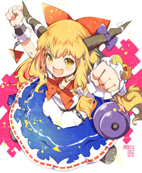 1girl blonde_hair blue_skirt blush bow brown_horns chain commentary_request cuffs dated gourd hair_bow highres horn_bow horn_ornament horns ibuki_suika ichizen_(o_tori) long_hair looking_at_viewer oni open_mouth red_bow shackles shirt skirt smile solo touhou very_long_hair white_shirt wrist_cuffs yellow_eyes