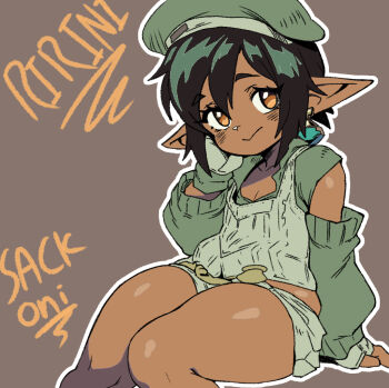 1girl artist_name blush brown_background brown_eyes closed_mouth dark-skinned_female dark_skin earrings final_fantasy final_fantasy_xiv flat_chest from_side green_hair green_hat green_shirt green_skirt green_sleeves green_vest hair_between_eyes hand_on_own_cheek hand_on_own_face hat jewelry lalafell looking_at_viewer medium_hair pointy_ears sackoni shirt simple_background sitting skirt smile solo vest warrior_of_light_(ff14)
