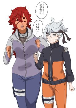 Rule 34 | 2girls, commentary request, cosplay, facial mark, forehead protector, grey hair, gundam, gundam suisei no majo, headband around neck, highres, hood, hoodie, hyuuga hinata, hyuuga hinata (cosplay), jacket, miorine rembran, multicolored jacket, multiple girls, naruto (series), naruto shippuuden, natu4687, red hair, short eyebrows, spiral, suletta mercury, tall female, translation request, uzumaki naruto, uzumaki naruto (cosplay), whisker markings, zipper pull tab