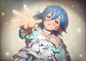Rule 34 | 1girl, absurdres, blue hair, choker, commentary, crossed bangs, earrings, grey nails, hair between eyes, hand on own chest, highres, jewelry, lilia (love live!), lips, long sleeves, love live!, love live! superstar!!, lying, masha (m i liella), official alternate costume, on back, open hands, outstretched arm, parted lips, red eyes, solo, stud earrings, upper body, wakana shiki, white choker