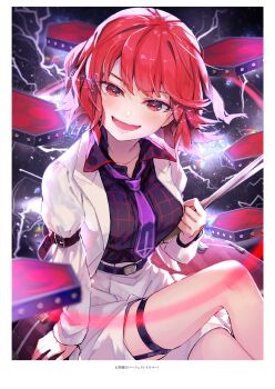 1girl :d adversarial_noise arm_belt arm_strap arm_support belt black_belt black_shirt blurry blurry_background blurry_foreground blush breasts cross depth_of_field drum drumsticks electricity electrokinesis floating glowing hand_up highres holding holding_drumsticks horikawa_raiko instrument jacket large_breasts long_sleeves looking_at_viewer mitsudomoe_(shape) necktie open_clothes open_jacket open_mouth plaid_clothes plaid_shirt purple_necktie red_eyes red_hair shirt short_hair shorts sidelocks single_strap sitting skirt skirt_set smile solo sparks string syuri22 taiko_drum thigh_strap third-party_source tomoe_(symbol) touhou translated white_jacket white_shorts white_skirt wing_collar