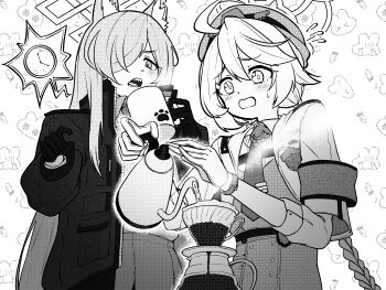 2girls absurdres ahoge animal_ears blue_archive braid coffee coffee_pot commentary cup dog_ears drinking_glass gloves greyscale hair_over_one_eye halo hat highres holding holding_cup jacket kanna_(blue_archive) kirino_(blue_archive) long_hair low_twin_braids manmaderain monochrome mug multiple_girls necktie pouring sharp_teeth sweatdrop teeth twin_braids