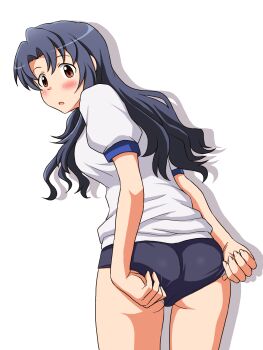1girl :o adjusting_buruma adjusting_clothes ass black_hair blue_buruma blush brown_eyes buruma cowboy_shot from_behind gym_shirt gym_uniform highres idolmaster idolmaster_million_live! leaning_forward lielos long_hair looking_at_viewer looking_back open_mouth panties panty_peek shadow shirt short_sleeves simple_background solo standing takayama_sayoko underwear white_background white_shirt