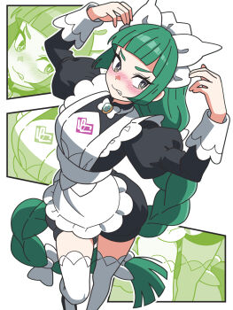 1girl black_dress blunt_bangs blush braid clenched_teeth dress green_eyes green_hair highres kanbei_(pixiv11037490) lebanne_(pokemon) long_hair looking_to_the_side maid maid_headdress nintendo pokemon pokemon_legends:_z-a solo teeth thighhighs very_long_hair white_thighhighs