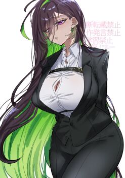 1girl alternate_costume bibie307 breasts brown_hair bursting_breasts business_suit button_gap cowboy_shot formal_clothes goddess_of_victory:_nikke green_eyes guilty_(nikke) highres huge_breasts long_hair looking_at_viewer multicolored_hair purple_eyes solo suit very_long_hair white_background