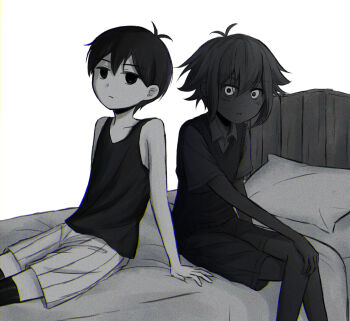 Rule 34 | 2boys, antenna hair, arm support, black eyes, closed mouth, collarbone, commentary request, crossed legs, expressionless, greyscale, highres, looking at another, male focus, monochrome, multiple boys, omori, omori (omori), on bed, parted lips, pillow, revision, segue5o, shirt, short hair, shorts, sitting, stranger (omori), sweater vest, tank top, thighhighs