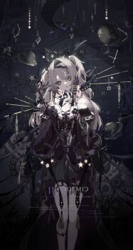 1girl barefoot black_dress black_nails commentary_request dress extra_arms fingernails flower grey_eyes grey_hair hair_flower hair_intakes hair_ornament head_tilt highres holding holding_wand holding_weapon long_fingernails long_hair looking_at_viewer nail_polish original solo touzai_(poppin_phl95) wand weapon