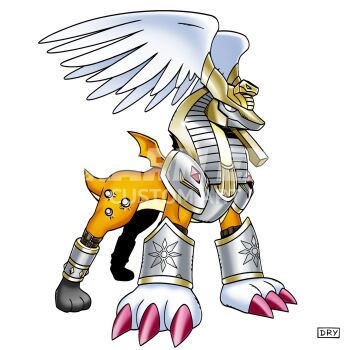 anklet armor claws colored_skin digimental_of_light digimon digimon_(creature) dog dry_designs feathered_wings feathers gauntlets head_wings highres jewelry mask orange_skin oridigi patamon white_feathers wings