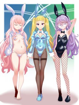 3girls aged_down animal_ears bare_shoulders breasts cheeso_art collarbone digimon digimon_story:_time_stranger fake_animal_ears fake_bunny_ears fishnet_pantyhose fishnets flat_chest homeros_(digimon) homeros_(digimon)_(human_avatar) leotard loli long_hair looking_at_viewer mikagura_mirei multiple_girls navel pantyhose petite playboy_bunny rabbit_ears small_breasts smile stomach strapless strapless_leotard twintails yggdrasill_(digimon) yggdrasill_(digimon)_(human_avatar)