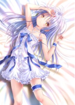 Rule 34 | 1girl, angel beats!, blue ribbon, commentary request, dress, feet out of frame, frilled dress, frilled thigh strap, frills, from above, goto p, highres, long hair, looking at viewer, lying, ribbon, solo, spaghetti strap, tachibana kanade, thigh strap, white dress, white hair, yellow eyes