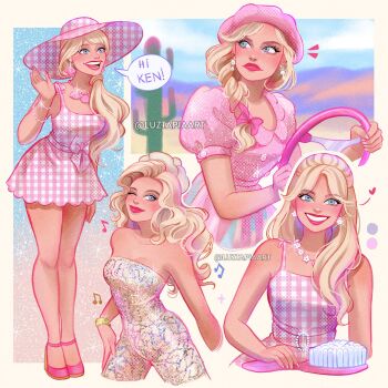 Rule 34 | 1girl, artist name, barbie (character), barbie (franchise), barbie (live action), blonde hair, blue eyes, checkered clothes, checkered dress, checkered hat, dress, english text, hat, highres, long hair, luztapiaart, multiple views, one eye closed, pink dress, pink hat, pink shoes, shoes, sleeveless, sleeveless dress, speech bubble, two-tone dress, two-tone hat, watermark, white dress, white hat