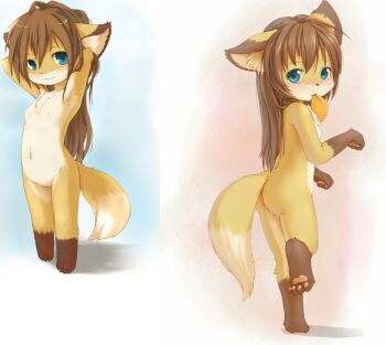 2girls :3 animal_ears animal_hands ass barefoot blue_eyes breasts feet fox_ears furry kagerofu loli multiple_girls nipples nude pawpads sequential small_breasts soles tail toes
