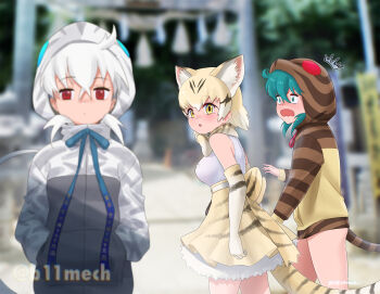 3girls :o ^^^ animal_ear_fluff animal_ears animal_print back_bow beleven black_hair blonde_hair blurry blurry_background blurry_foreground blush bow cat_ears cat_girl cat_tail closed_mouth crossed_bangs day distracted_boyfriend_(meme) dual_persona elbow_gloves empty_eyes extra_ears fang gloves green_eyes green_hair grey_hair hair_between_eyes hands_in_pockets highres hood hood_up hooded_jacket jacket kemono_friends long_sleeves looking_at_another medium_hair meme multicolored_hair multiple_girls outdoors parted_lips print_gloves print_hood print_jacket print_skirt red_eyes sand_cat_(kemono_friends) shirt shirt_tucked_in skirt sleeveless sleeveless_shirt snake_hood snake_print snake_tail surprised sweat tail tsuchinoko_(kemono_friends) v-shaped_eyebrows white_shirt yellow_eyes yuri