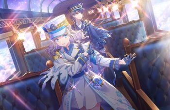 Rule 34 | 2girls, above clouds, adjusting clothes, armband, black hair, blue armband, blue capelet, blue eyes, blue gloves, blue hat, blue jacket, capelet, ceras yanagida lilienfeld, ceras yanagida lilienfeld (sairin no shasou), closed mouth, cloud, diffraction spikes, edel note, flipped hair, frilled sleeves, frills, game cg, gloves, grey hair, grin, half gloves, hat, highres, jacket, jellyfish cut, katsuragi izumi, katsuragi izumi (kaiten no shasou), link! like! love live!, long sleeves, looking at viewer, love live!, miniskirt, multiple girls, non-web source, official art, orange eyes, parted lips, skirt, slit pupils, smile, train conductor, train interior, virtual youtuber, walking, walking towards viewer, wavy hair, white capelet, white hat, white jacket, white skirt