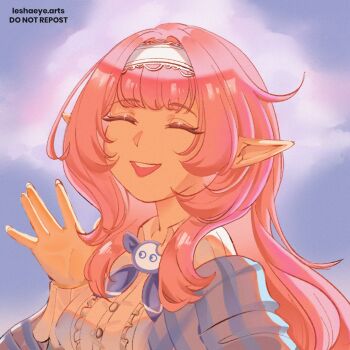 Rule 34 | 1girl, blue sky, breasts, commentary, elf, elysia (coco) (honkai impact), elysia (honkai impact), english commentary, hairband, highres, honkai (series), honkai impact 3rd, long hair, looking at viewer, medium breasts, official alternate costume, pink hair, pointy ears, sha (leshaeye), shirt, sky, smile, solo, upper body, very long hair, white hairband, white shirt