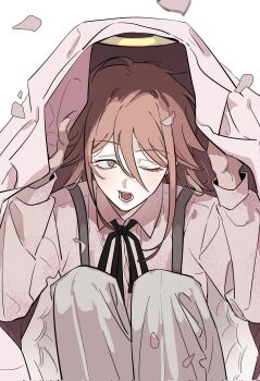 Rule 34 | 1boy, alternate costume, angel devil (chainsaw man), angel wings, black ribbon, chainsaw man, collared shirt, corrupted twitter file, grey pants, hair between eyes, halo, highres, holding, holding unworn clothes, holding unworn jacket, jacket, knees to chest, knees up, long hair, looking to the side, male focus, neck ribbon, one eye closed, open mouth, pants, petals, pink jacket, pink petals, pink shirt, ribbon, shirt, simple background, sitting, solo, suit jacket, suspenders, tus oo, unworn jacket, white background, white wings, wings