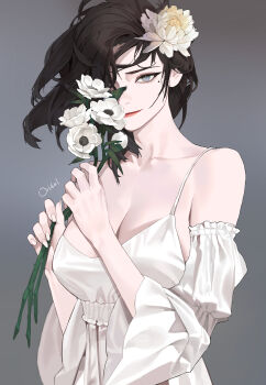 Rule 34 | absurdres, blue eyes, breasts, brown hair, commentary, dress, english commentary, flower, grey background, grey eyes, highres, large breasts, mole, mole under eye, ori dal, original, red lips, white dress, white flower
