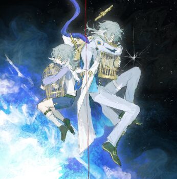 2boys abstract_background aged_down back-to-back belt bird birdcage black_background black_belt black_footwear blue_background blue_shorts blue_vest cage child closed_eyes closed_mouth coat crying dual_persona earrings ehrx8n feathered_wings from_side full_body gloves gold_earrings grey_hair hair_between_eyes halo halo_behind_head head_wings highres holding holding_cage honkai:_star_rail honkai_(series) hugging_object jewelry knee_up legwear_garter long_sleeves looking_ahead male_focus medium_hair multiple_boys pants profile puritan_collar purple_shirt scarf shirt shoes shorts sky socks split_screen star_(sky) starry_sky sunday_(concert_for_two)_(honkai:_star_rail) sunday_(honkai:_star_rail) sunday_(sacerdos'_relived_ordeal)_(honkai:_star_rail) tears thigh_strap vest white_coat white_gloves white_pants white_socks white_vest white_wings wings yellow_eyes yellow_scarf