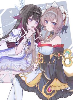 2girls bare_shoulders black_collar black_dress black_hair blue_eyes blush bonnet breasts brown_hair cleavage closed_mouth collar columbina_(genshin_impact) detached_collar detached_sleeves dress english_text frilled_sleeves frills gem genshin_impact hair_ribbon hashtag-only_commentary head_wings heart highres holding_another's_hair k_o_m_i long_hair looking_at_another looking_at_viewer multicolored_hair multiple_girls open_mouth pantyhose purple_hair red_gem ribbon sandrone_(genshin_impact) sitting speech_bubble strapless strapless_dress twitter_username white_dress white_pantyhose winding_key wings yuri