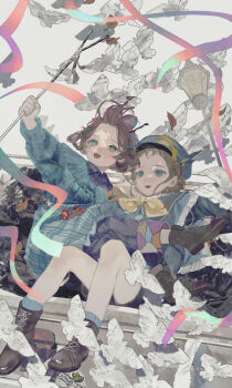 2girls :d absurdres ankle_boots bangs_blown_up beret bird blue_bow blue_dress blue_eyes blue_jacket blue_pants blue_scarf blue_shorts boots bow brown_boots brown_hair dress flutterpage full_body grey_background hair_bow hat highres holding holding_rod jacket kaitei lamplighter_(reverse:1999) lamppost looking_up multiple_girls multiple_hair_bows neckerchief open_mouth orange_scarf pants pants_under_dress purple_bow reverse:1999 rod scarf short_hair shorts simple_bird sitting sitting_on_person smile socks too_many too_many_birds two-tone_scarf yellow_neckerchief