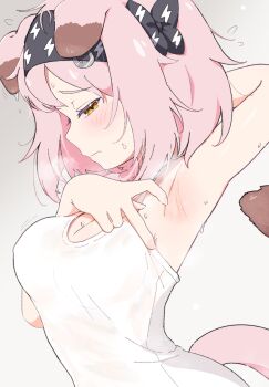 1girl absurdres animal_ear_fluff animal_ears arknights arm_up armpit_focus armpits bare_shoulders black_hairband blush braid breasts cat_ears cat_girl cat_tail cleavage closed_mouth commentary_request floppy_ears fuu_hoshimi goldenglow_(arknights) hairband highres lightning_bolt_print looking_at_viewer medium_breasts medium_hair off-shoulder_shirt off_shoulder pink_hair print_hairband shirt side_braid sidelocks sleeveless sleeveless_shirt solo spread_armpit sweat tail upper_body white_shirt yellow_eyes