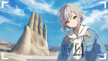 Rule 34 | 1girl, blue jacket, blue sky, blush, breast pocket, chile, closed mouth, cloud, cloudy sky, collarbone, commentary, copyright notice, day, desert, drawstring, english commentary, green eyes, grey hair, guest art, hair between eyes, head tilt, highres, hinomori shiho, hood, hood down, hoodie, jacket, long sleeves, looking at viewer, mano del desierto, official art, open clothes, open jacket, outdoors, pocket, project sekai, sculpture, second-party source, short hair, sidelocks, sky, smile, solo, upper body, viewfinder, white hoodie, yenkoes