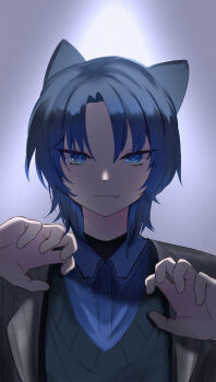 Rule 34 | 1girl, absurdres, animal ears, black sweater, blue eyes, blue hair, blue shirt, cat ears, collared shirt, fang, grey jacket, highres, hiodoshi ao, hiodoshi ao (1st costume), hololive, hololive dev is, jacket, looking at viewer, medium hair, pinstripe jacket, pinstripe pattern, shirt, skin fang, solo, suit jacket, sweater, v-neck, virtual youtuber, wolf cut, yana shiiii