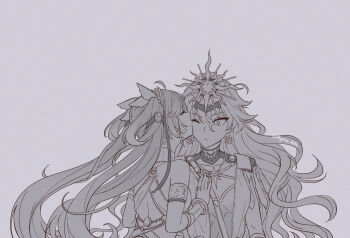 2girls ahoge armlet armor augusta_(wuthering_waves) breastplate closed_eyes closed_mouth commentary earrings english_commentary grey_background greyscale headgear iuno_(wuthering_waves) jewelry kiss kissing_cheek kyrus_hiki laurel_crown long_hair looking_at_another monochrome multiple_girls one_eye_closed simple_background sun_earrings sun_necklace upper_body vambraces wuthering_waves yuri
