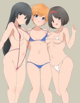 3girls bikini black_eyes black_hair blue_bikini blue_eyes breasts collarbone covered_erect_nipples erika_(pokemon) female_focus grey_background gym_leader hairband highres izuna_masaru long_hair looking_at_viewer micro_bikini misty_(pokemon) multiple_girls navel nintendo orange_hair pokemon pokemon_frlg pokemon_rgby red_hairband red_slingshot_swimsuit sabrina_(pokemon) short_hair simple_background slingshot_swimsuit small_breasts standing strap_pull swimsuit thigh_gap white_bikini