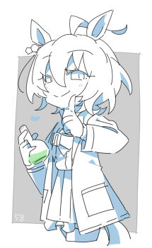 1girl agnes_tachyon_(umamusume) ahoge animal_ears beer_hsk blush closed_mouth cropped_legs flask grey_background hair_between_eyes hands_up holding horse_ears horse_girl horse_tail lab_coat long_sleeves open_clothes pleated_skirt round-bottom_flask school_uniform shirt skirt smile solo tail tracen_school_uniform two-tone_background umamusume white_background