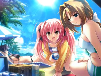 3girls :d beach beach_chair beach_umbrella bikini black_bikini breasts brown_hair can choukou_(alicesoft) choukou_sennin_haruka choukou_sennin_haruka:_haruka_vs._escalayer game_cg holding holding_can kneeling large_breasts looking_back multiple_girls onigirikun open_mouth pink_hair shihoudou_narika sideboob sitting sky smile subaru_(choukou_sennin_haruka) swimsuit takamori_haruka twintails umbrella