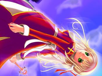 1girl 2000s_(style) blonde_hair blue_sky closed_mouth commentary_request cowboy_shot dress green_eyes high_priest_(ragnarok_online) holding holding_staff juliet_sleeves kaisu long_hair long_sleeves looking_at_viewer puffy_sleeves ragnarok_online red_dress sash sideways sky smile solo staff white_sash