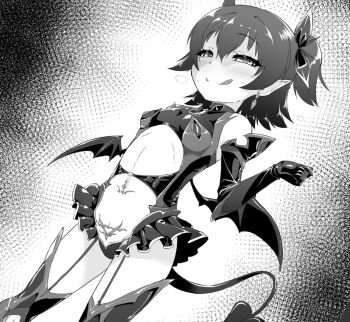 1girl akagi_miria blush boots breasts breath clothing_cutout commentary_request corruption crystal_earrings dark_persona demon_girl demon_tail demon_wings dutch_angle earrings elbow_gloves fang garter_straps gloves greyscale hair_ribbon half-closed_eyes heart heart-shaped_pupils idolmaster idolmaster_cinderella_girls jewelry leotard licking_lips linea_alba looking_at_viewer monochrome naughty_face navel navel_piercing nekono_matatabi piercing pubic_tattoo revealing_clothes ribbon short_twintails showgirl_skirt small_breasts smile solo stomach_cutout symbol-shaped_pupils tail taimanin_(series) taimanin_suit tattoo thigh_boots thighhighs thighs tongue tongue_out twintails wings