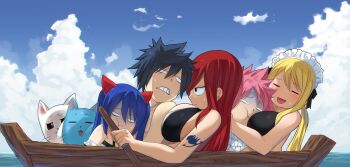 3boys 4girls age_difference animal animal_ears annoyed arm_tattoo bare_arms bikini bikini_top_only black_bikini black_bra black_hair blonde_hair blue_hair blue_sky blush boat bra breast_press breasts brown_eyes cat charle_(fairy_tail) clenched_teeth closed_eyes closed_mouth cloud erza_scarlet facing_another facing_viewer fairy_tail from_side gaston18 glaring gray_fullbuster hair_between_eyes hair_ornament hair_tie half-closed_eyes happy happy_(fairy_tail) headdress height_difference holding hug jewelry large_breasts leaning_back long_hair looking_at_another looking_at_viewer lucy_heartfilia maid_headdress multiple_boys multiple_girls natsu_dragneel necklace oar ocean open_mouth outdoors parted_lips pink_hair reclining red_hair rowboat rowing scarf short_hair sitting sitting_together sky smile spiked_hair sweat sweatdrop swimsuit tattoo teeth tongue topless_female twintails underwear upper_body water watercraft wendy_marvell whiskers white_eyes