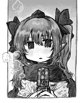 Rule 34 | 1girl, absurdres, cellphone, checkered clothes, checkered skirt, commentary request, dade ne, flip phone, greyscale, hat, highres, himekaidou hatate, long hair, looking at object, monochrome, phone, pointy ears, radio antenna, sketch, skirt, solo, tokin hat, touhou, twintails, white background