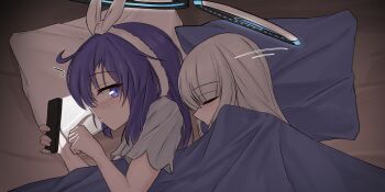 2girls 743_(743rd_bat) black_halo blue_archive blue_halo blush cellphone closed_eyes commentary halo highres holding holding_phone lying mechanical_halo multicolored_halo multiple_girls noa_(blue_archive) noa_(pajamas)_(blue_archive) on_side parted_lips phone pillow purple_eyes purple_hair short_sleeves smartphone symbol-only_commentary two-tone_halo under_covers variant_set white_hair white_halo yuri yuuka_(blue_archive) yuuka_(pajamas)_(blue_archive)