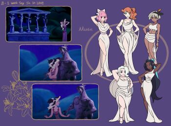 1boy 5girls alternate_costume arms_behind_head bea_(pokemon) breasts cleavage commentary crossdressing dark-skinned_female dark_skin dress earrings greek_clothes hairband hand_on_own_hip hands_on_own_hips hercules_(1997_movie) high_heels highres jewelry klara_(pokemon) knees melony_(pokemon) multiple_girls navel nessa_(pokemon) nintendo piers_(pokemon) pink_hair pokemon pokemon_swsh purple_background raihan_(pokemon) shirt short_hair skirt sleeveless sleeveless_shirt sonia_(pokemon) standing white_dress white_footwear white_hairband white_shirt white_skirt wristband zigzagdb