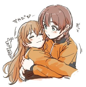 2girls :3 =_= braid brown_hair closed_eyes closed_mouth commentary emma_verde freckles green_eyes highres jacket konoe_kanata long_hair long_sleeves looking_at_another love_live! love_live!_nijigasaki_high_school_idol_club low_twin_braids motion_lines multiple_girls nijigasaki_track_jacket orange_jacket parted_lips solllolll track_jacket twin_braids